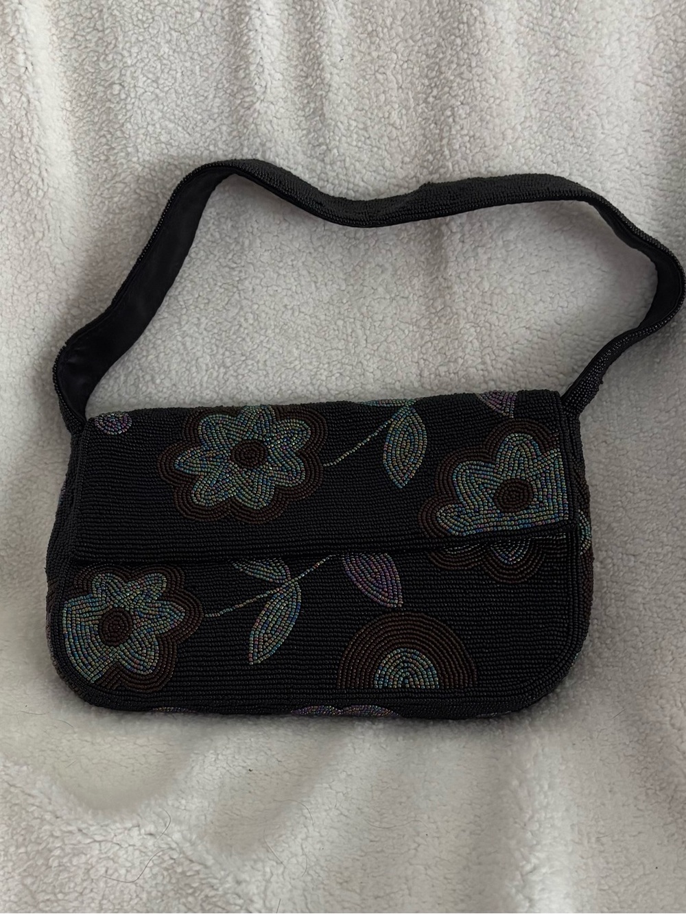 Black Beaded Floral Shoulder Bag - Unbranded